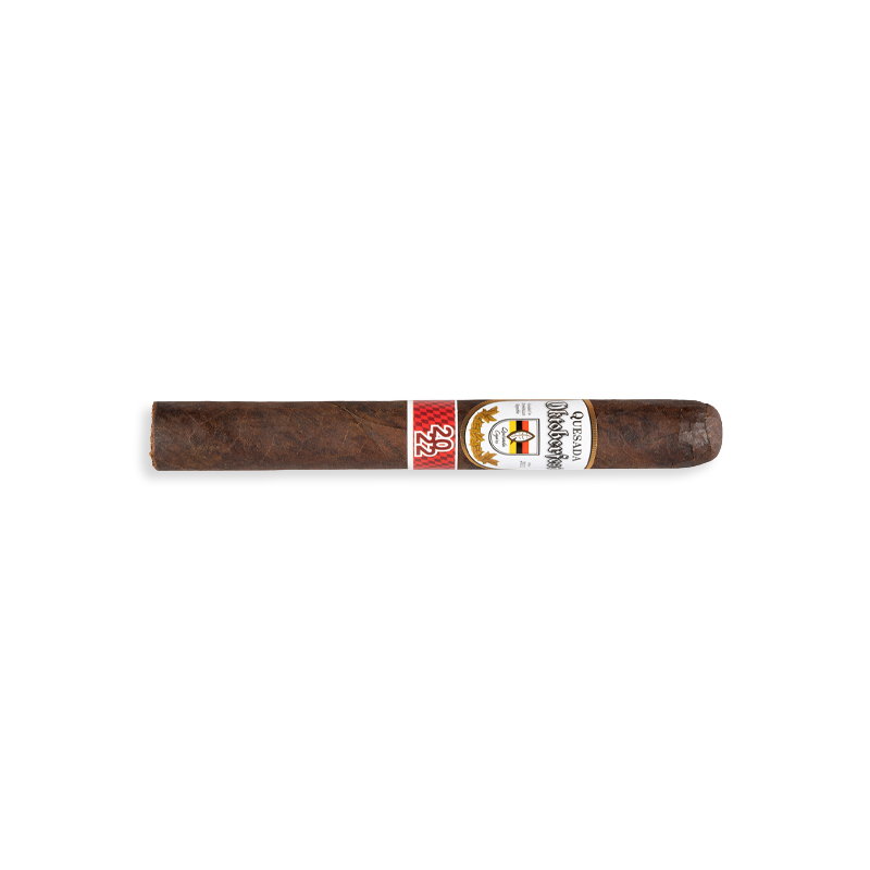 Single brown cigar with a white and red band lying horizontally on a white background.