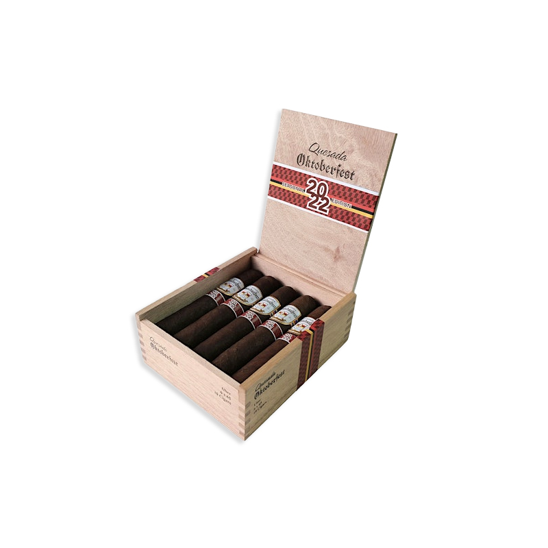 Wooden cigar box with several cigars inside, opened to display banded cigars and a decorative lid marking Oktoberfest 2022 style.