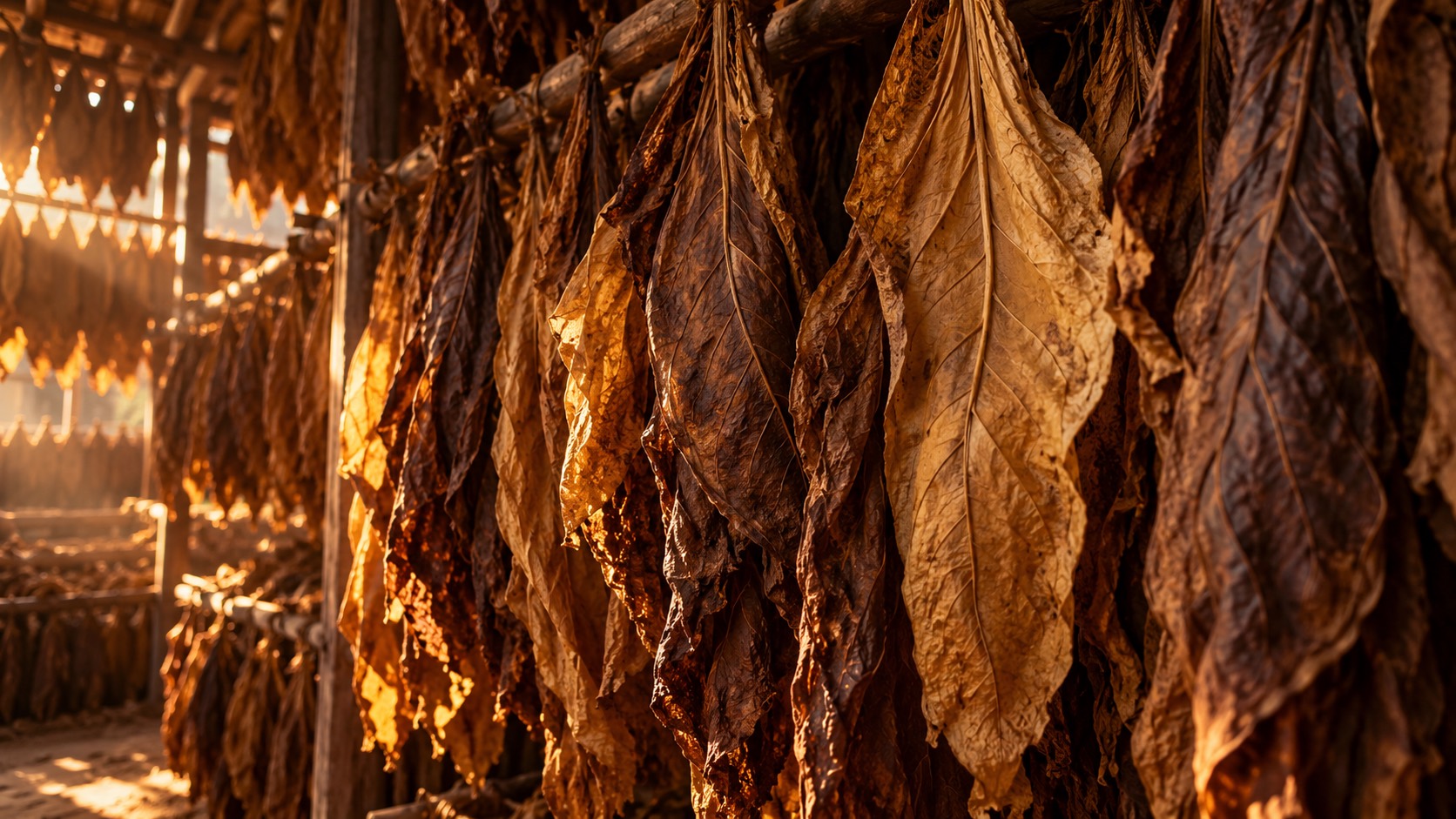 Cured tobacco leaves in warm light