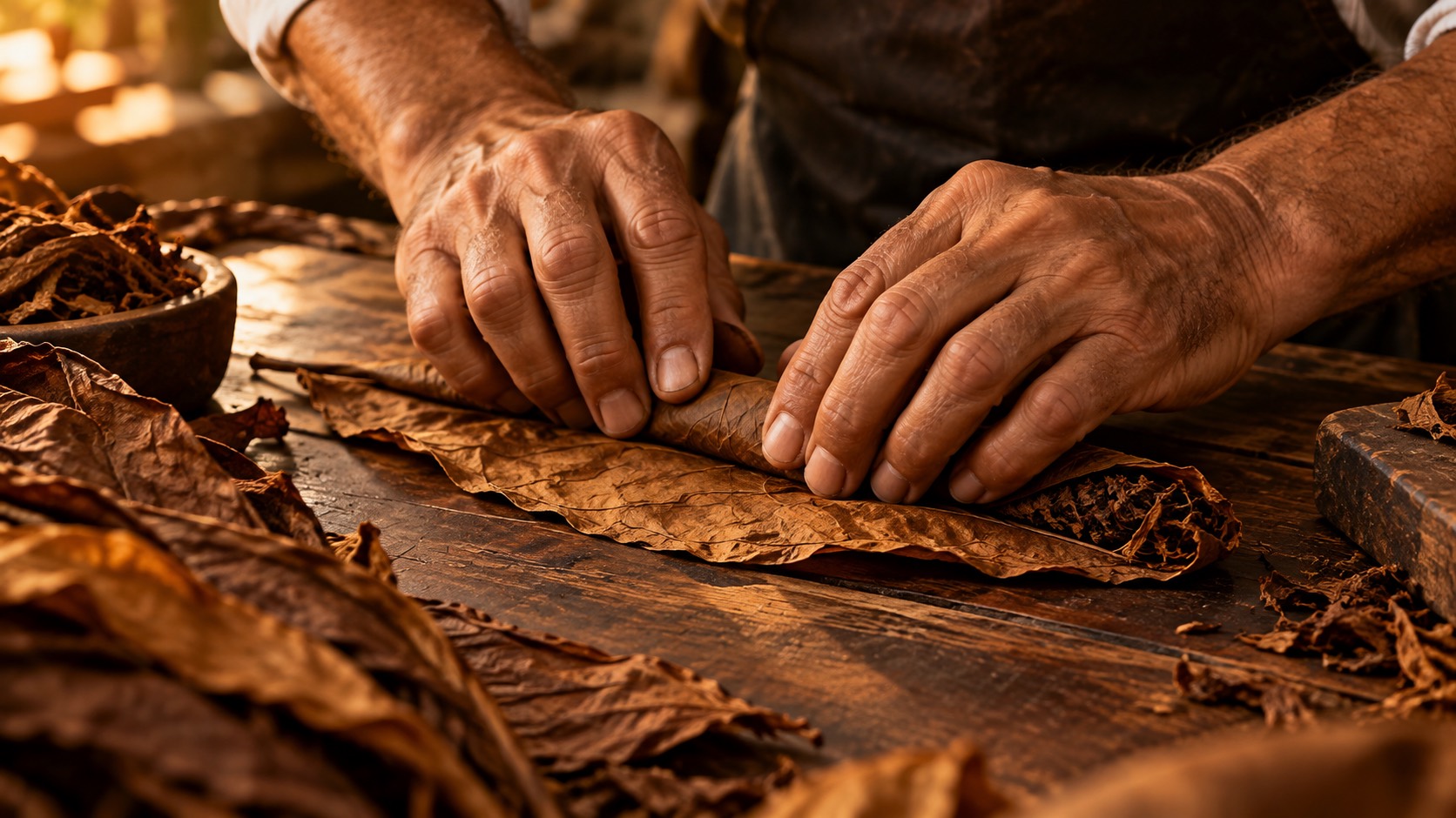Cigar maker's hands rolling tobacco